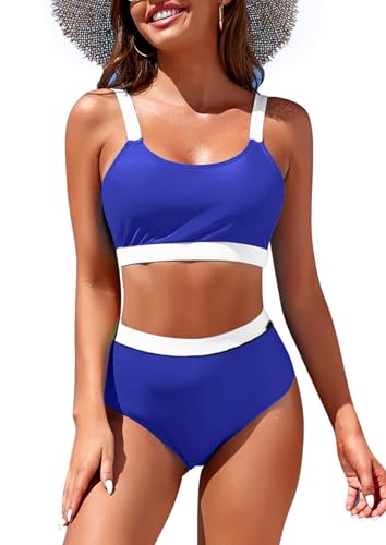 Image of Womens High Waisted Bikini Sets Sporty Crop Top Color Block Swimwear Bandeau Scoop Neck Vintage Two Piece Bathing Suits