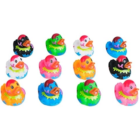 Kicko Assorted Rubber Ducks - 12 Ducklings, 2 Inch in Splat Pattern – Jeep Ducks for Kids, Baby Bath Toys, Sensory Play, Stress Relief, Novelty, Stocking Stuffers, Classroom Prizes, Supplies, Holidays Cover