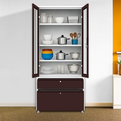 Image of Triveni Almirah Annapurna-5 Steel Wardrobe for Kitchen & Home Use | 10 Year Guarantee on Paint & Locks | 2-Door Glass Almirah with 2 Drawers | Separate Locks for Doors & Drawers | Powder-Coated Finish