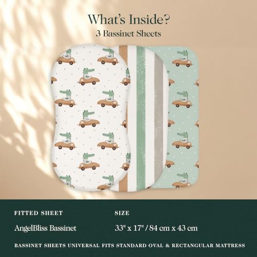 Image of 100% Organic Cotton Bassinet Sheets 3 Pack - (33 x 17 Inches) Angel Bliss - GOTS Certified, Soft Breathable Percale Weave, Universal Fits Standard Oval & Rectangular Mattress - for Boys & Girls