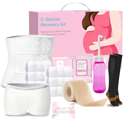Image of SOFTCA C Section Recovery Must Haves Kit - Peri Bottle,Disposable Mesh Underwears,Witch Hazel Pad Liners,Silicone Scar Patches, Abdominal Belly Binder,Socks,C-Section Recovery Essentials Kit