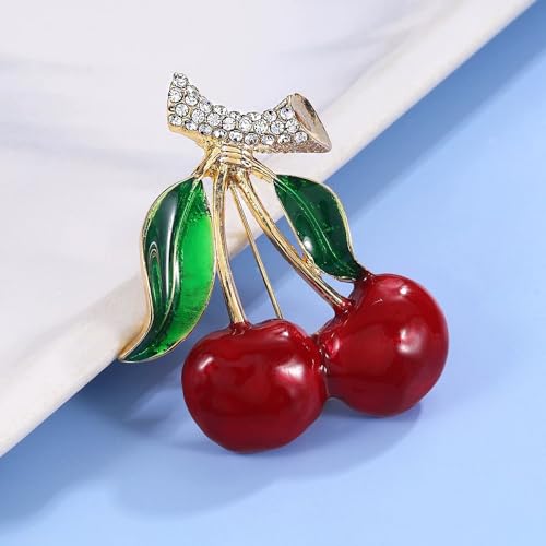 Image of Cute Cherry Rhinestone Fruit Brooch Pin for Women Gold Plated Red Green Enamel Leaf Brooches Lapel Pins Dainty Dress Accessories Jewelry for Hat Bag Suit Tie