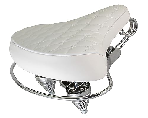 ALTALINE Bicycle Saddle Classic White Diamond Web Spring Style Seat with Chrome Rail Handle