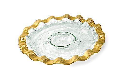 Annieglass Ruffle 14.75 Inch Round Chip and Dip Server with 24k Gold, Timeless Glass Tableware for all Occasions, Made in the USA