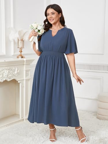 Image of Women's Plus Size Dress for Women Wedding Guest Cocktail Smocked Ruffle Short Sleeve V Neck Flowy Maxi Dresses