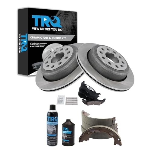 Image of TRQ Rear Brake Pad & Rotor Kit, with Chemical Kit Parking Brake Shoe Set Ceramic Compatible with 2005-2011 Lincoln Town Car