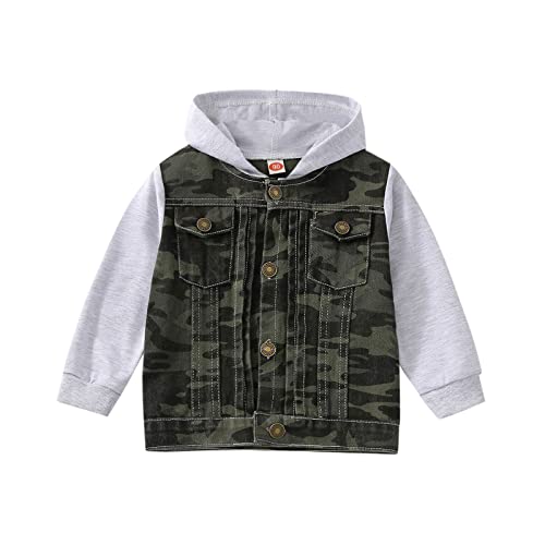 Hooded Camouflage Denim Jacket For Boys Girls Button Long Sleeve Coat Windproof Color Block Outerwear With Pocket