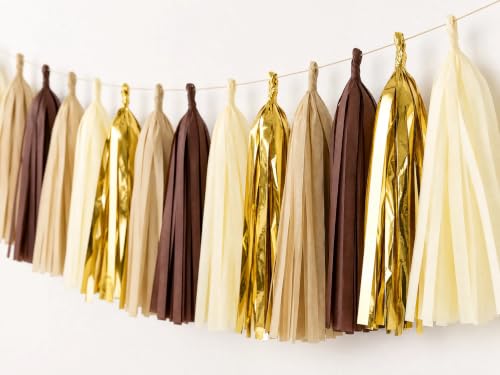 Image of Brown Tan Beige Cream Gold DIY Tissue Tassel Garland Party Tassel Banner Bunting Streamer for Boho Rustic Neutral Wedding Bridal Shower Western Party Decoration