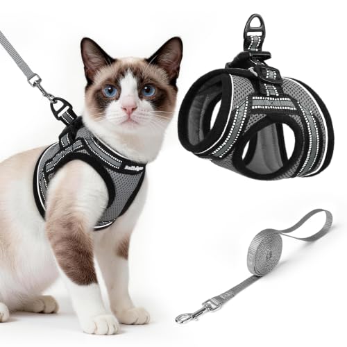 Image of rabbitgoo Cat Harness and Leash Set, Step-in Soft Vest, Grey | Escape Proof, Lightweight, Easy-on & Adjustable, Hook & Loop with Buckle, Reflective, for Small Cats Walks, L