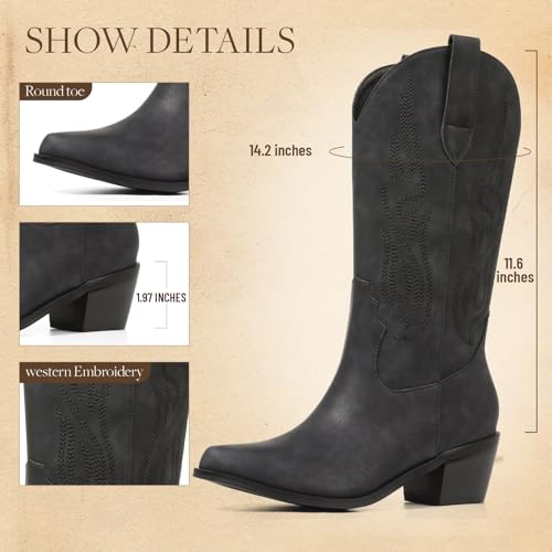 Image of AOSPHIRAYLIAN Cowboy Boots for Women Retro Pointed Toe Pull On Block Chunky Heel Glitter Sparkly Metallic Embroidecamel Country Concert Outfits Calf Western Cowgirl Boots
