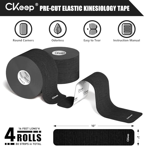 CKeep 4 Rolls Kinesiology Tape, Original Cotton Elastic Athletic Tape, 20 Precut 10