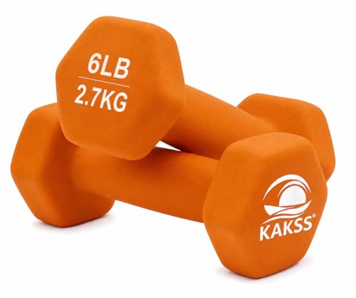 Image of KAKSS Neoprene Dumbbell Set of 2 (6 lb / 2.7 Kg Each), Orange Hex Dumbbells with Cast Iron Core and Non-Slip Coated Grip, Hand Weights for Home Workout Equipment and Gym Dumbbell for Women and Men