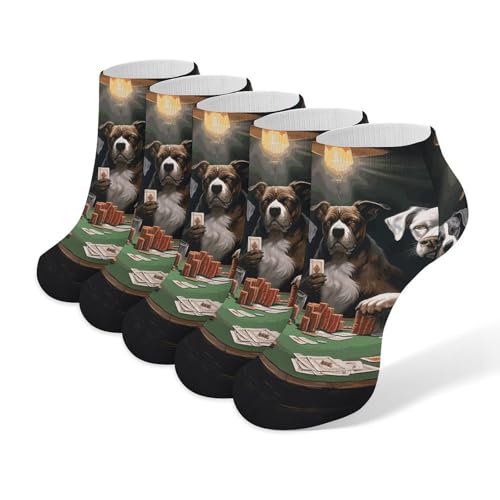 Playing Poker Dogs Ankle Socks Men's Running 5 Pack Comfort Breathable Short Sports Sock Performance No Show Socks