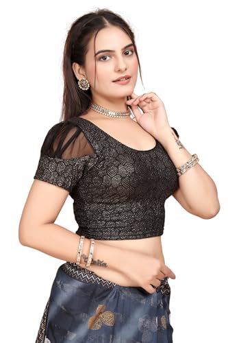 Image of SFT Women's Organza Patch Readymade Saree Blouse with Round Neck Half Sleeves Abstract Pattern Pull On Closure Regular Fit and Standard Length