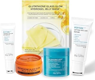 Re.SPN Peptide Glass Glow Korean Skincare Bundle - Firming Eye Roller, Lifting Serum, Toner Pads 70ct, Jelly Patches 60ct & PDRN Hydrogel Mask 4ct, Vegan K-Beauty Set
