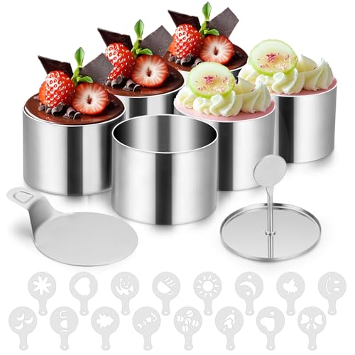 Dessertringe Set 8er - HAUSPROFI Premium Edelstahl Speiseringe (Ø7.5cm) mit Deckel & Basis, Nahtlose Mousse Form, 16 Schablonen - Profi Tortenring für Backen, Dessert,Mousse & Anrichten