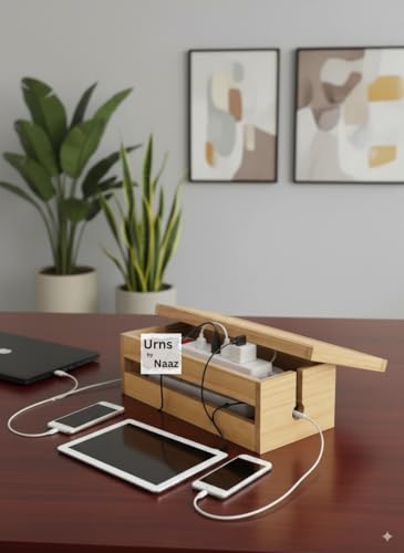 Image of Wooden Cable Management Box - Cord Organizer for Desk, Power Strip & Charger Storage - Wire Concealer Box for Home Office, Extension Board Holder, Wooden Desk Organizer (Beige)