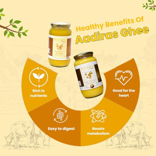Image of Aadiras A2 Hallikar Desi Cow Ghee 1 kg | Bilona Curd-Churned Method | Pure, Danedar and Aromatic | Grass Fed and Non GMO | Easy to Digest | Lab Tested | Glass Jar-1000ml