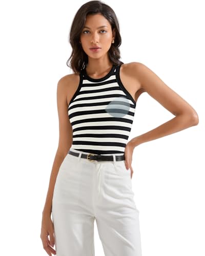 SUUKSESS Women Padded Cotton Ribbed Tank Tops Sleeveless High Neck Racerback Basic Tops(Black White Stripe M)