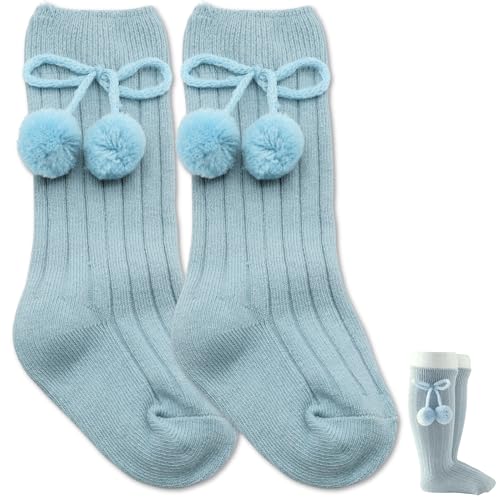 Calcetines Largos de Algodón Con Pompones, Medias Largas de Algodón para Bebés, Calcetines de Rodilla para niños, Calcetas de Bebé (FR/ES, Edad, 3 meses, 12 meses, Azul)