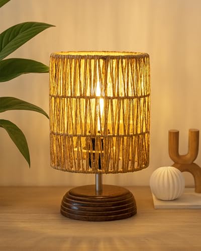 Image of Homesake Natural Weave Rope Table Lamp | Handcrafted Boho Bedside Light with Wooden Base | Warm Ambient Home Decor, Livra Collection, Lighting & Office Decor Light