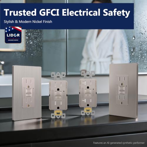 Image of LIDER GFCI Outlet 15Amp, Brushed Wall Plate, ETL Listed, Matte Nickel