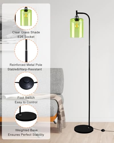 Image of Lightdot 64IN Glass Floor Lamp for Living Room, Modern Standing Lamps with Green Ribbed Glass Lampshade& Bulb Included, Industrial Floor Lamp for Bedroom /Sofa Beside /Corner Decor-Black