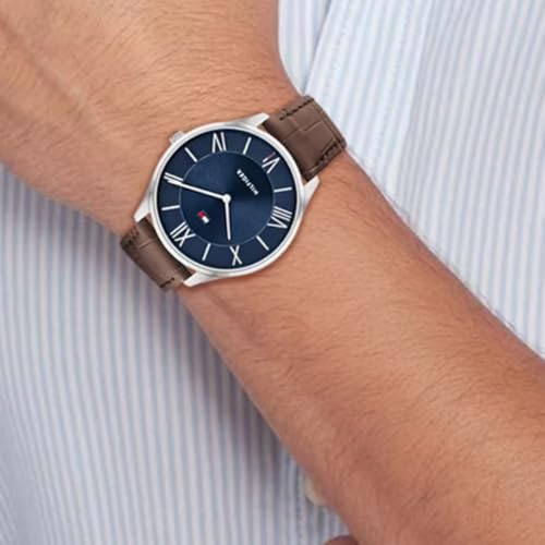 Image of Tommy Hilfiger Becker Quartz Basic Slim Navy Dial Brown Leather Strap Analog Watch for Men