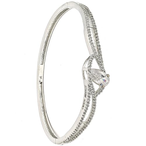 Image of ZENEME Rhodium-Plated Silver Toned American Diamond Openable Hinged Kada Bracelet for Women & Girls | CZ Studded Designer Hand Jewellery