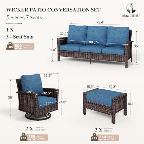 Image of HERA'S HOUSE Patio Furniture Set, 5 Pieces Outdoor Seating Set, 35 inch High Back Swivel Chairs with 5.5 inch Thick Cushions, Brown Wicker Conversation Set with Ottomans for Deck Lawn Yard, Peacock Blue