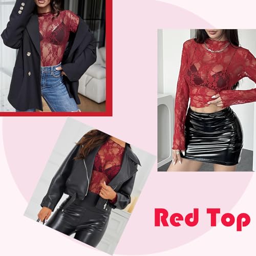 MIZSPISE Camiseta Mujer de Manga Larga Sexy Encaje Transparente Blusas Elegantes Fiesta Club Casual Festival (FR/ES, Letras, M, Regular, Regular, Burdeos)