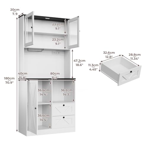 Image of 71''Kitchen Pantry Storage Cabinet with LED Lights and Power Outlet, Tall Farmhouse Kitchen Hutch with Microwave Stand,Globet Hooks and Adjustable Shelf for Dining Living Room,White