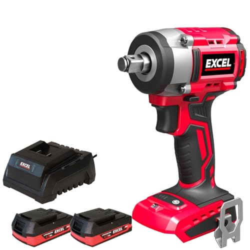 Excel 18V Cordless Brushless 1/2'' Impact Wrench with 2 x 2.0Ah Battery & Charger - Variable Speed Trigger, Torque 350Nm, Brushless Motor, Half inch Impact Wrench Power Tools Combo Kits