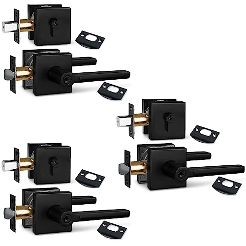 Image of NEWBANG (3Pack Square Heavy Duty Keyed Entry Combo with deadbolt and Lever Door Handle in Matte Black (for Entrance /Exterior /Front /Office Door) Left or Right Handed