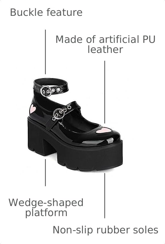 Image of Women's Platform Mary Janes Heart Cat Buckle Rivets Ankle Lolita Gothic Princess Platform Pumps Patent Leather Thorn Vintage Traditional Embroidery Upper Dress Shoes