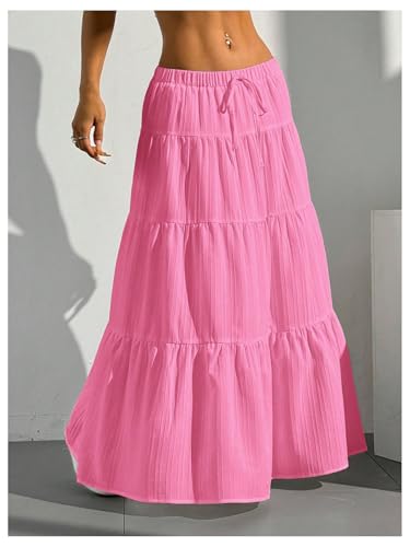 Image of Verdusa Women's Long Maxi Skirt Boho Flowy Flared Ruffle Skirts 2026 Beach Vacation Summer Going Out Outfits