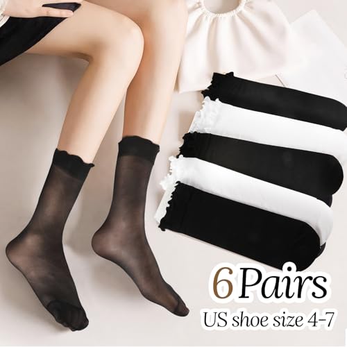 6 Pairs Sheer Ruffled Socks, Black Sheer Nylon Socks for Women, Nude Stocking Summer Sheer Nylon Scok One Size for Women Girls Thin Fashion Black White2