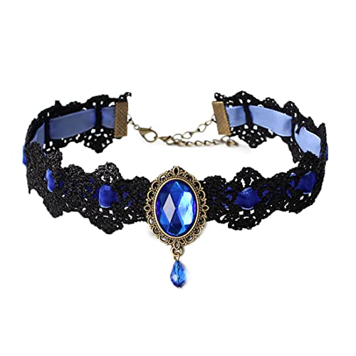JUSTUSNX Collar de encaje negro con colgante de cristal, collar de terciopelo vintage, collar gótico de flores huecas, joyería de Halloween, accesorios para mujeres y niñas, (B)