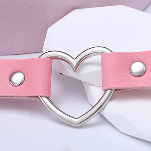 Flongo Choker Leder Halsband Lederhalsband Damen, Leder Halskette Halsband Anhänger Choker Tattoo Kette Pink Silber Herz Einstellbar Verstellbar Gothic Punk Rock Damen