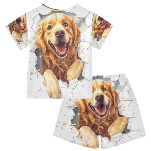 ALAZA Golden Retriever Puppy Dog White Pajamas Set Short Sleeve Cotton Sleepwear Summer Pjs 2 Piece 5-14Y2