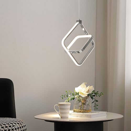 Image of Modern LED Chandelier Chrome Rectangular Pendant Light Fixtures 4000K 20W Dimmable Height Adjustable Pendant Lighting for Dining Room Kitchen Island Bedroom Living Room Foyer(3-Pack)