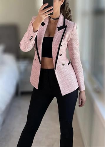 Vintage Tweed Blazer for Women Plaid Office Coat Chic Double Breasted Jacket4