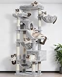 Heybly Cat Tree, 71-Inch-Tall Tower for Indoor Cats with 2 Perches, 2 Big Condos, 2 Hammocks, Basket, Scratching Pad, Large Cat Furniture and Condo, Light Gray HCT034W