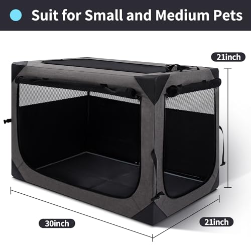 30 Inch Portable Travel Dog Crate, 3 Door Collapsible Soft Pet Kennel with Durable Mesh Windows for Medium Dogs, Foldable Dog Cage with Storage Pocket for Outdoor (Dark Grey) - Image 5