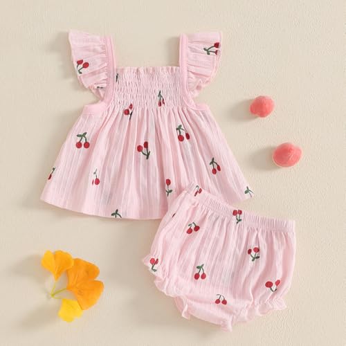 Toddler Baby Girl Outfit Cherry Linen Flying Sleeve Square Neck Tops and Ruffle Shorts Set Infant Summer Clothes 3-24M3