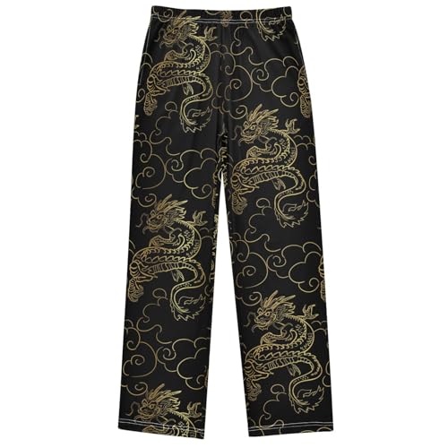 Boy's Pants Gold Dragon Black Jogger Pants Elastic Waist Long Bottoms Trousers with Pockets 6-14 Years