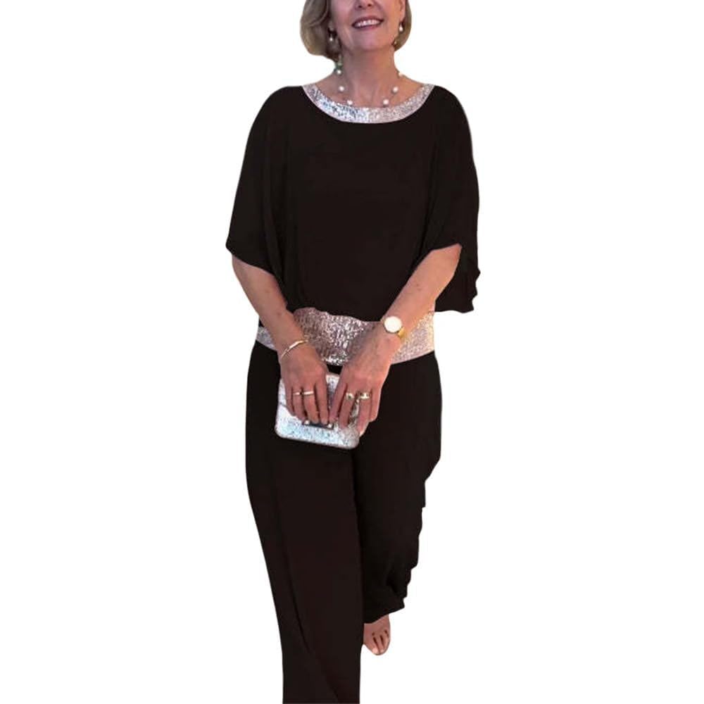 Mother of The Bride Chiffon Pant Suits Womens Oversized 3 4 Sleeve Crewneck Two Piece Set Wedding Guest