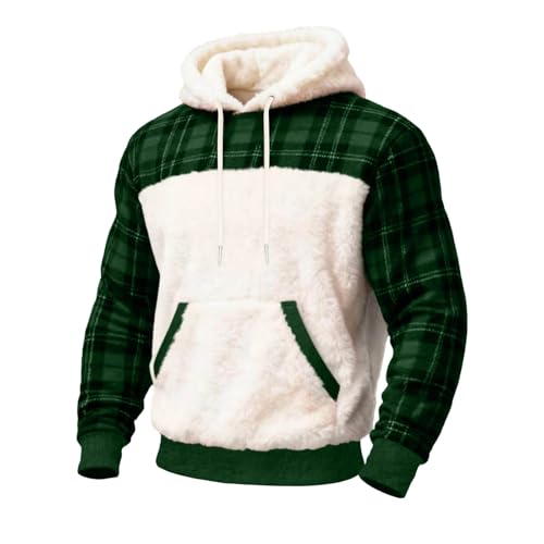 Fuzzy Sherpa Hoodies for Men Warm Cashmere Xmas Sweatshirt Soft Fashion Plaid Pullover Tops Fall Winter Coat Army Green