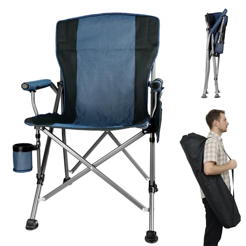Image of Heavy Duty Folding Camping Chair Supports 400 LBS, Hard Arm Portable Outdoor Chair with Cup Holder & Storage Bag, Foldable Collapsible for Camp, Picnic, Lawn, Fishing, Blue