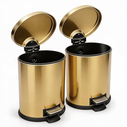 SIMPLYKLEEN Bathroom Trash Can with Lid - 2PC 1.3 Gallon- 5L Oval Small Trash Can with Soft-Close Lid, Foot Pedal, Brushed Stainless Steel, Removable Liner, Garbage can for Kitchen, Office, Home Gold